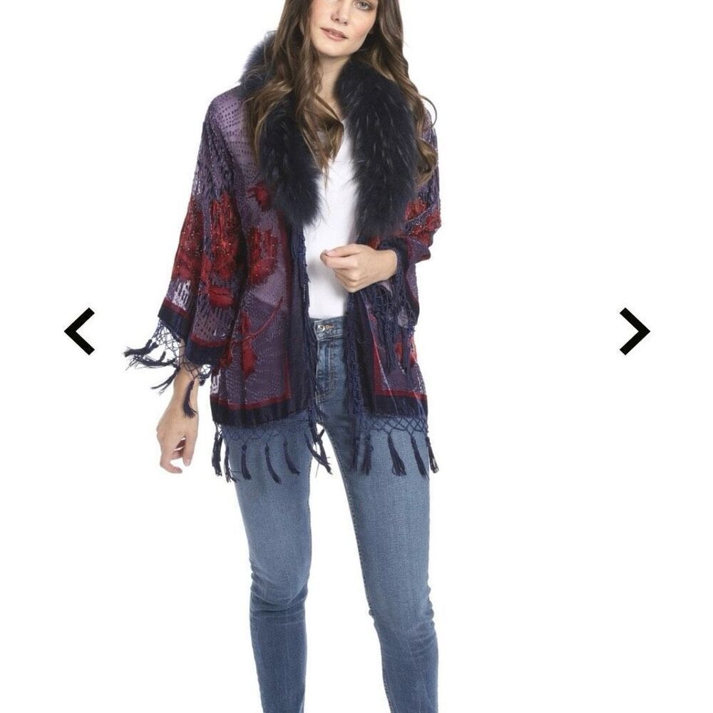 NEW JAYLEY‎ genuine Fur Collar Devore burnt velvet Jacket kimono duster One Size